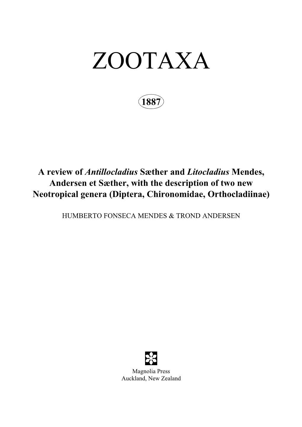 Zootaxa, a Review of Antillocladius S鎡her And