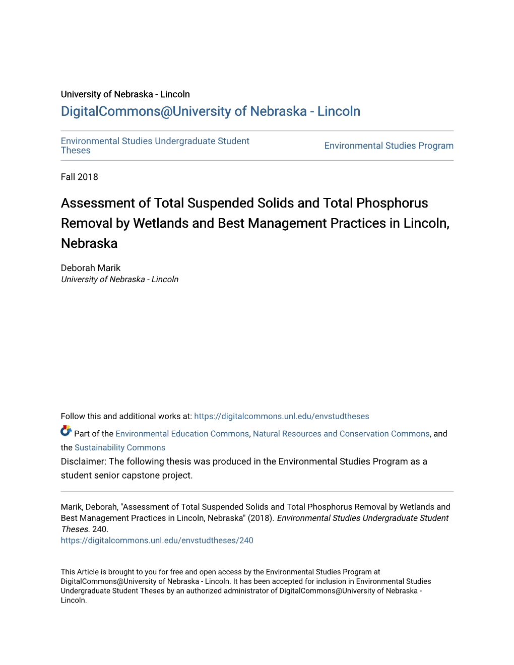 Assessment of Total Suspended Solids and Total Phosphorus Removal by Wetlands and Best Management Practices in Lincoln, Nebraska