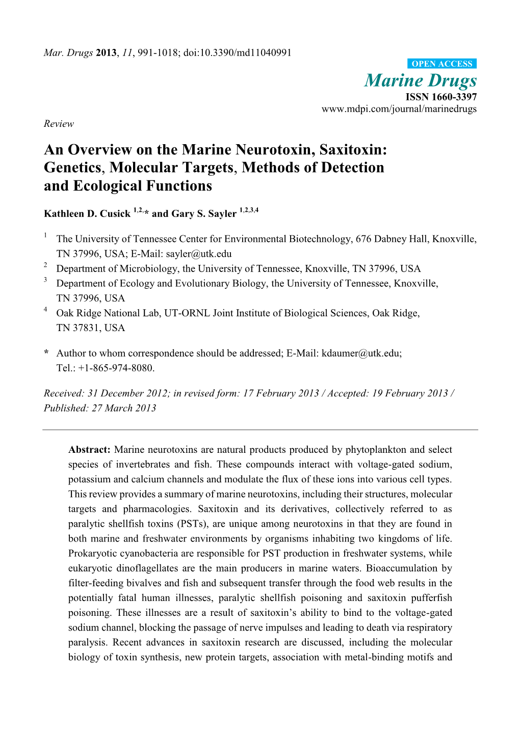 An Overview on the Marine Neurotoxin, Saxitoxin: Genetics, Molecular Targets, Methods of Detection and Ecological Functions