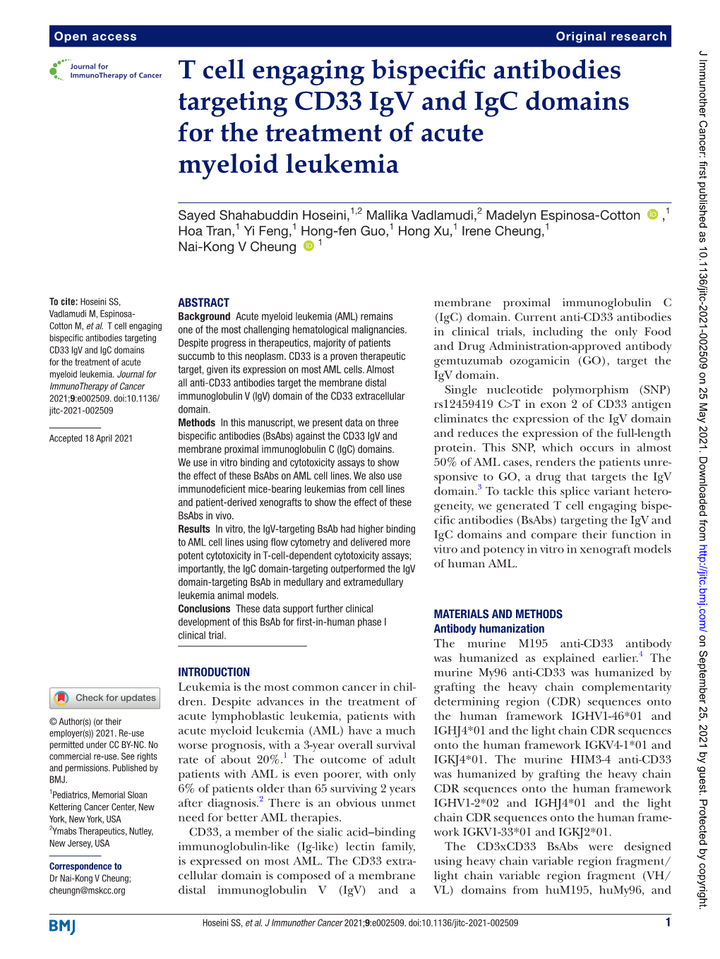 T Cell Engaging Bispecific Antibodies Targeting CD33 Igv and Igc Domains for the Treatment of Acute Myeloid Leukemia