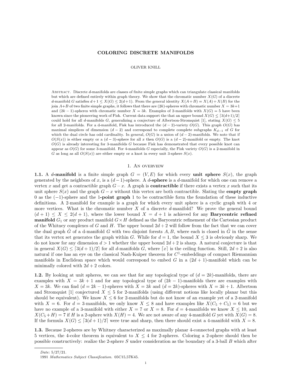 Coloring Discrete Manifolds