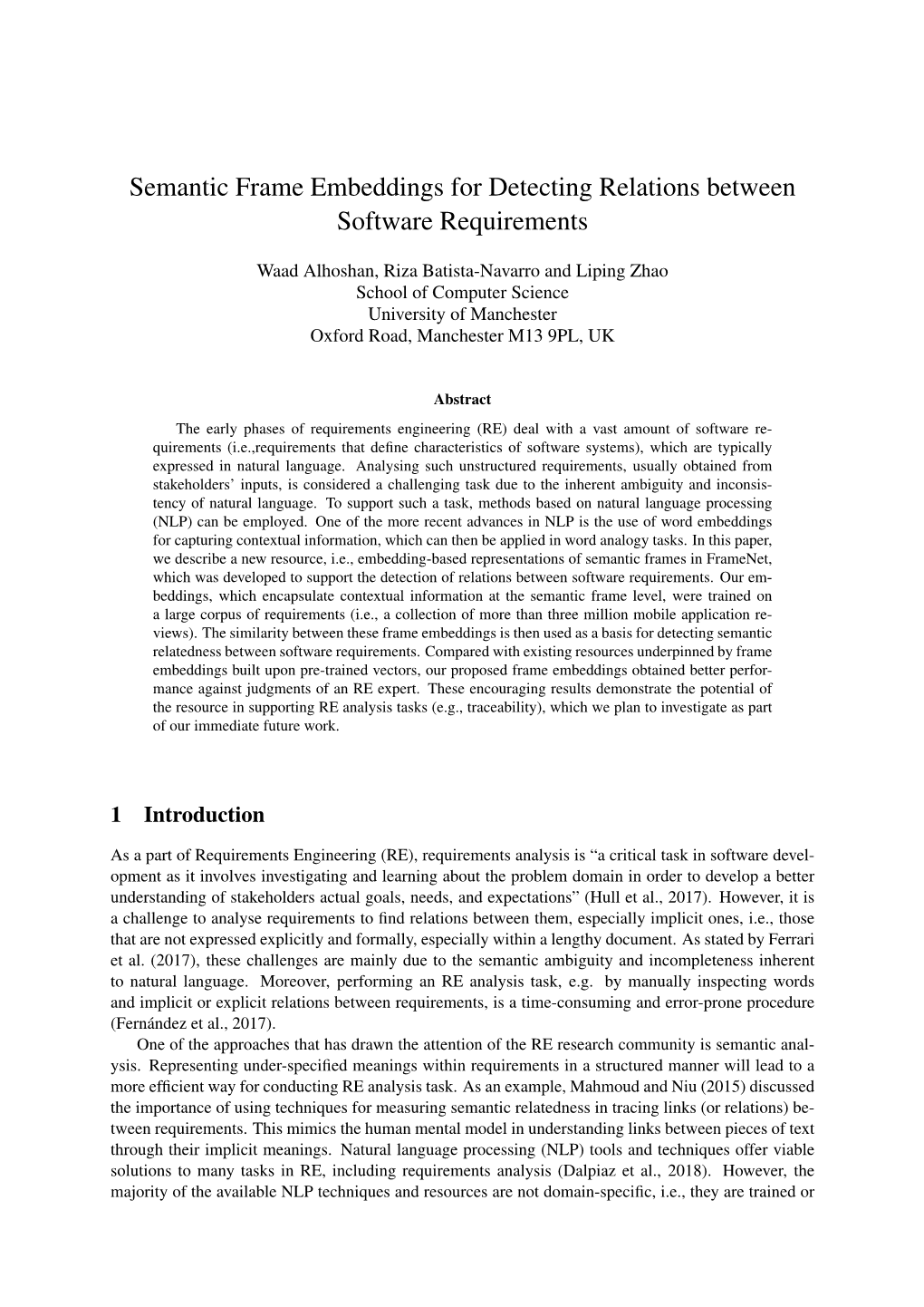 Semantic Frame Embeddings for Detecting Relations Between Software Requirements