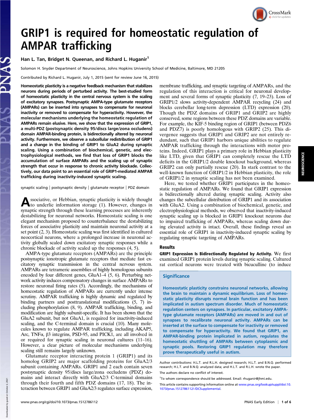 GRIP1 Is Required for Homeostatic Regulation of AMPAR Trafficking