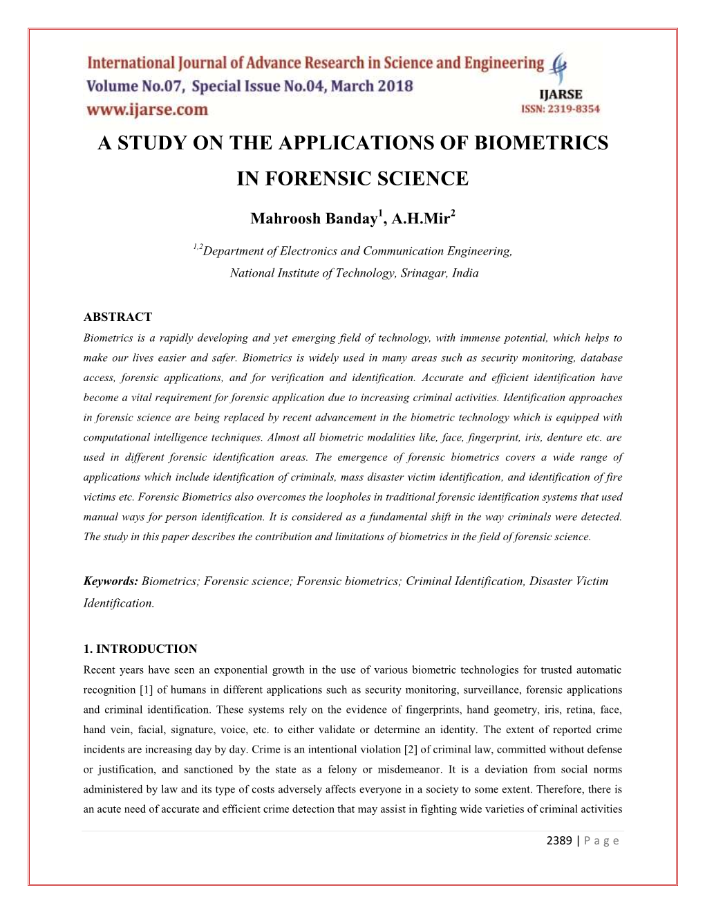 A Study on the Applications of Biometrics in Forensic Science