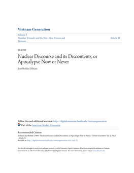 Nuclear Discourse and Its Discontents, Or Apocalypse Now Or Never Jean Bethke Elshtain
