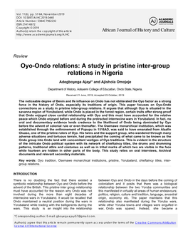 Oyo-Ondo Relations: a Study in Pristine Inter-Group Relations in Nigeria