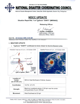 NDCC Update Sitrep No.1 Typhoon SANTI As of 30 Oct 2009