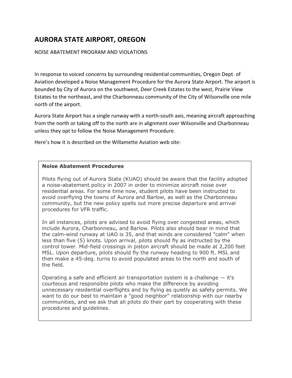 Aurora State Airport, Oregon Noise Abatement Program and Violations