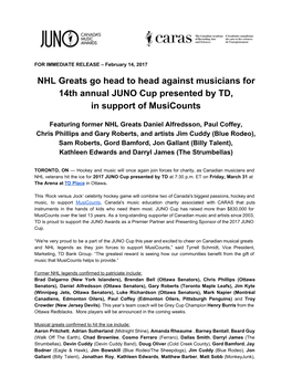 NHL Greats Go Head to Head Against Musicians for 14Th Annual JUNO Cup Presented by TD, in Support of Musicounts