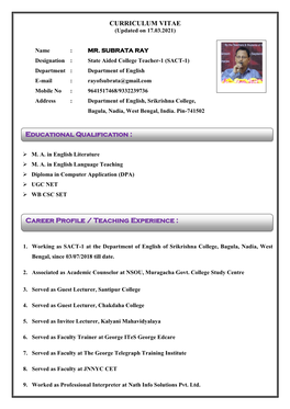 CURRICULUM VITAE Educational Qualification : Career Profile / Teaching Experience