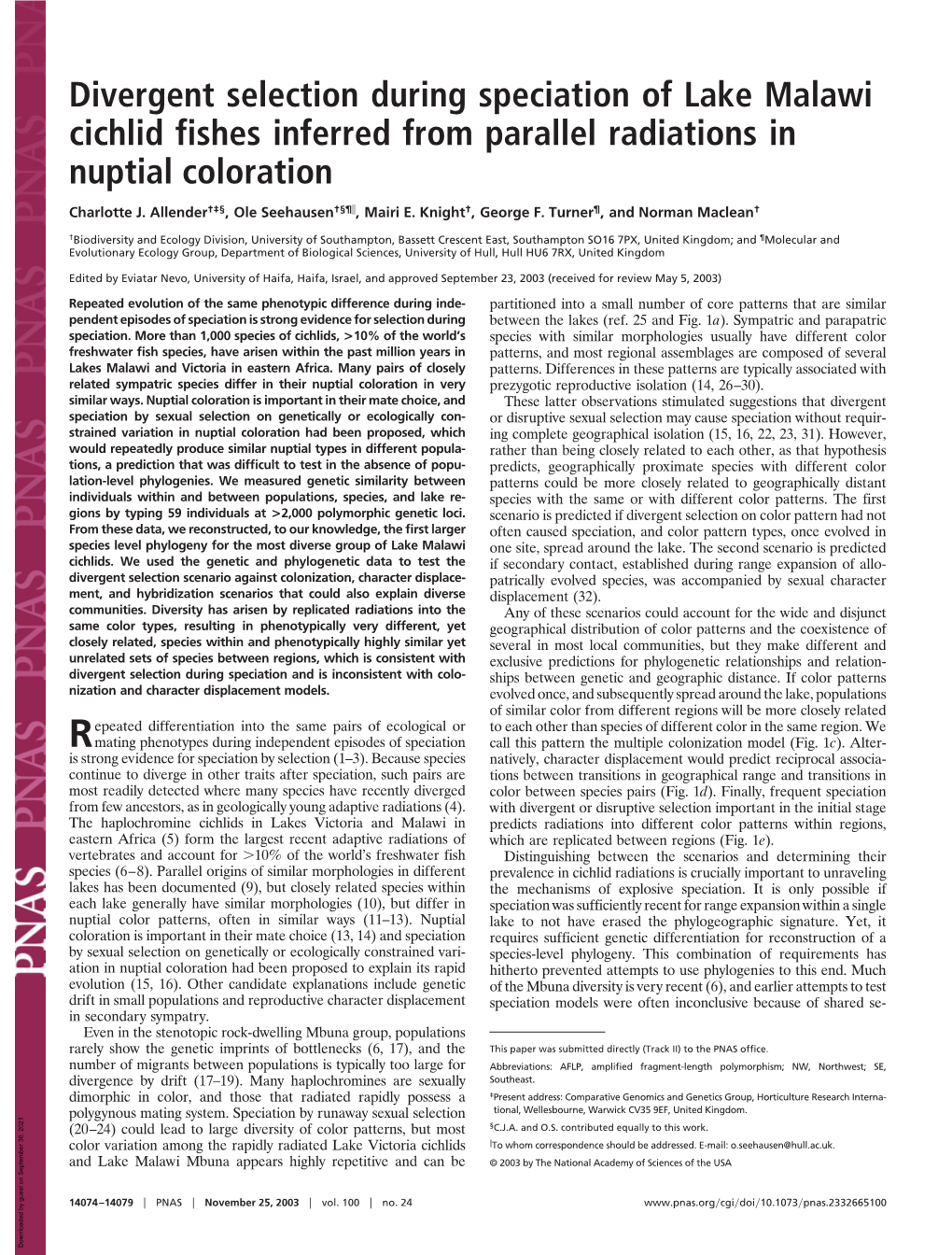 Divergent Selection During Speciation of Lake Malawi Cichlid Fishes Inferred from Parallel Radiations in Nuptial Coloration