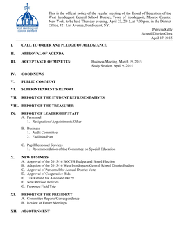 This Is the Official Notice of the Regular Meeting of the Board of Education