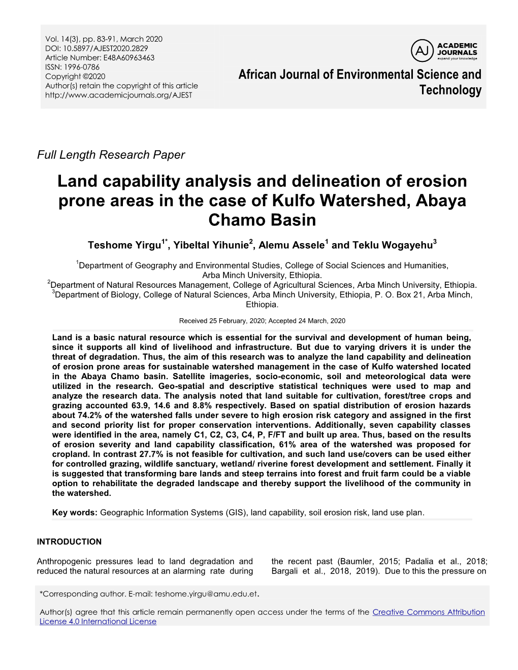 Land Capability Analysis and Delineation of Erosion Prone Areas in the Case of Kulfo Watershed, Abaya Chamo Basin