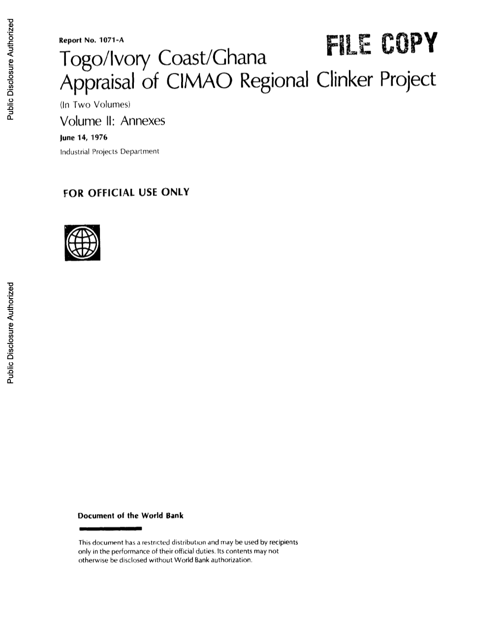 Togo/Ivory Coast/Ghana F G Appraisal of CIMAO Regional Clinker Project