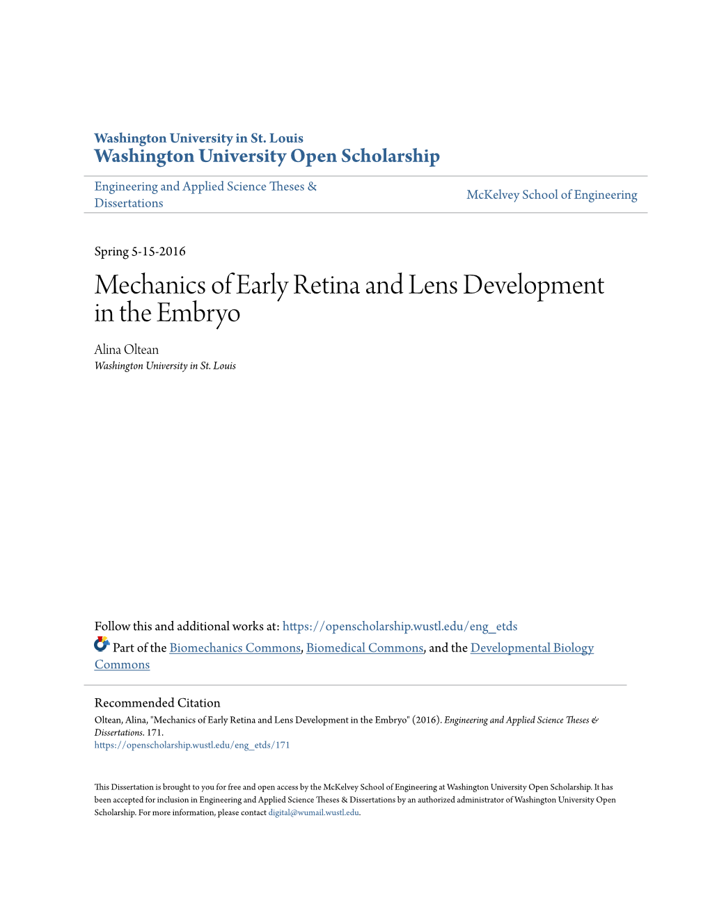 Mechanics of Early Retina and Lens Development in the Embryo Alina Oltean Washington University in St