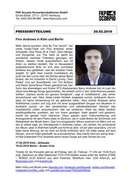 PRESSEMITTEILUNG 20.02.2019 Finn Andrews in Köln Und Berlin