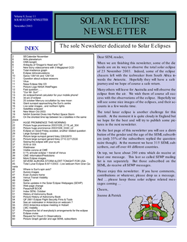 SOLAR ECLIPSE NEWSLETTER SOLAR ECLIPSE November 2003 NEWSLETTER