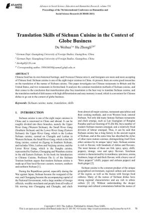 Translation Skills of Sichuan Cuisine in the Context of Globe Business Du Weihua1,A, Hu Zhongli2,B*