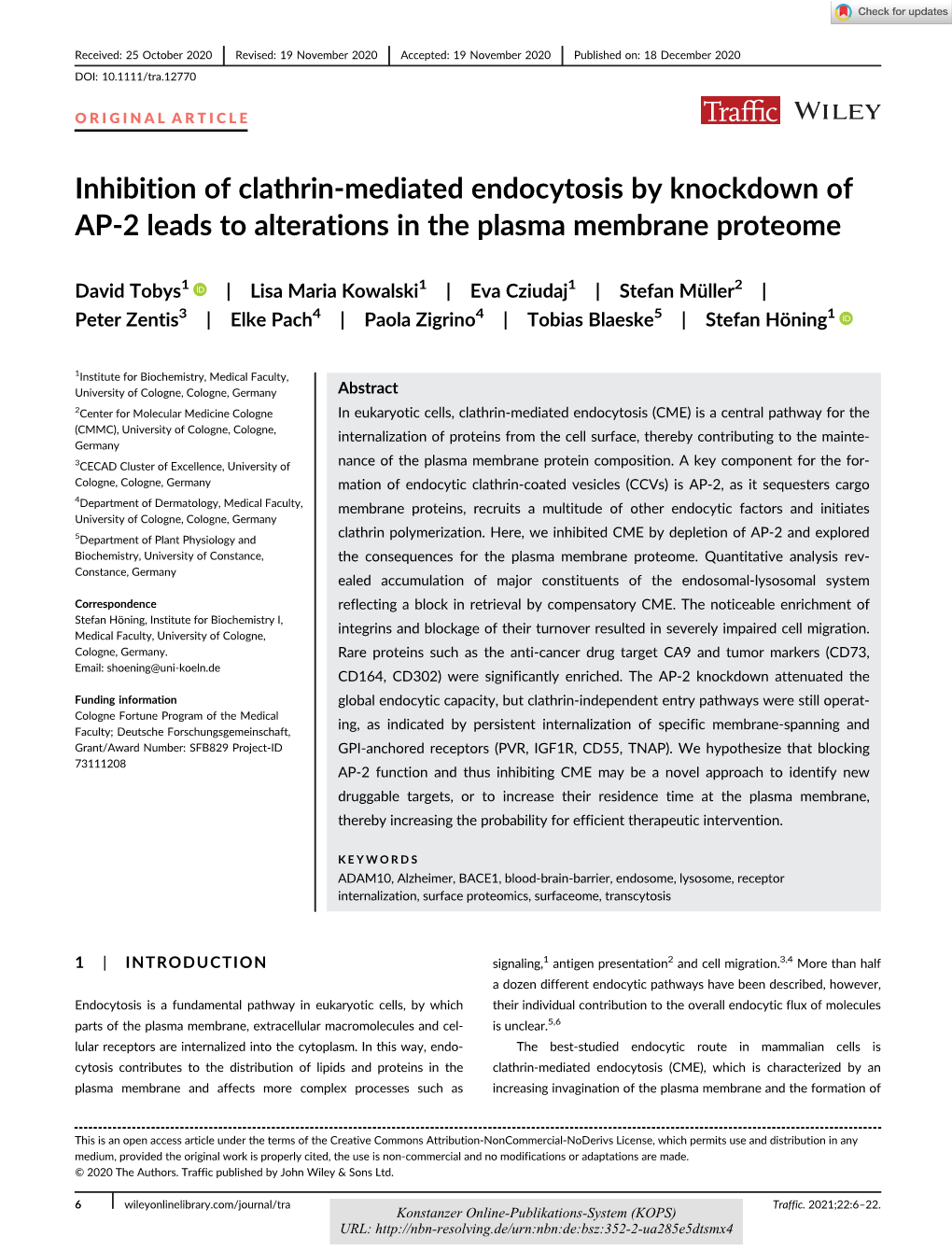 Inhibition of Clathrin‐Mediated Endocytosis by Knockdown of AP‐2 Leads to Alterations in the Plasma Membrane Proteome