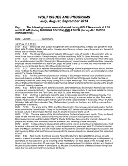 WGLT ISSUES and PROGRAMS July, August, September 2013