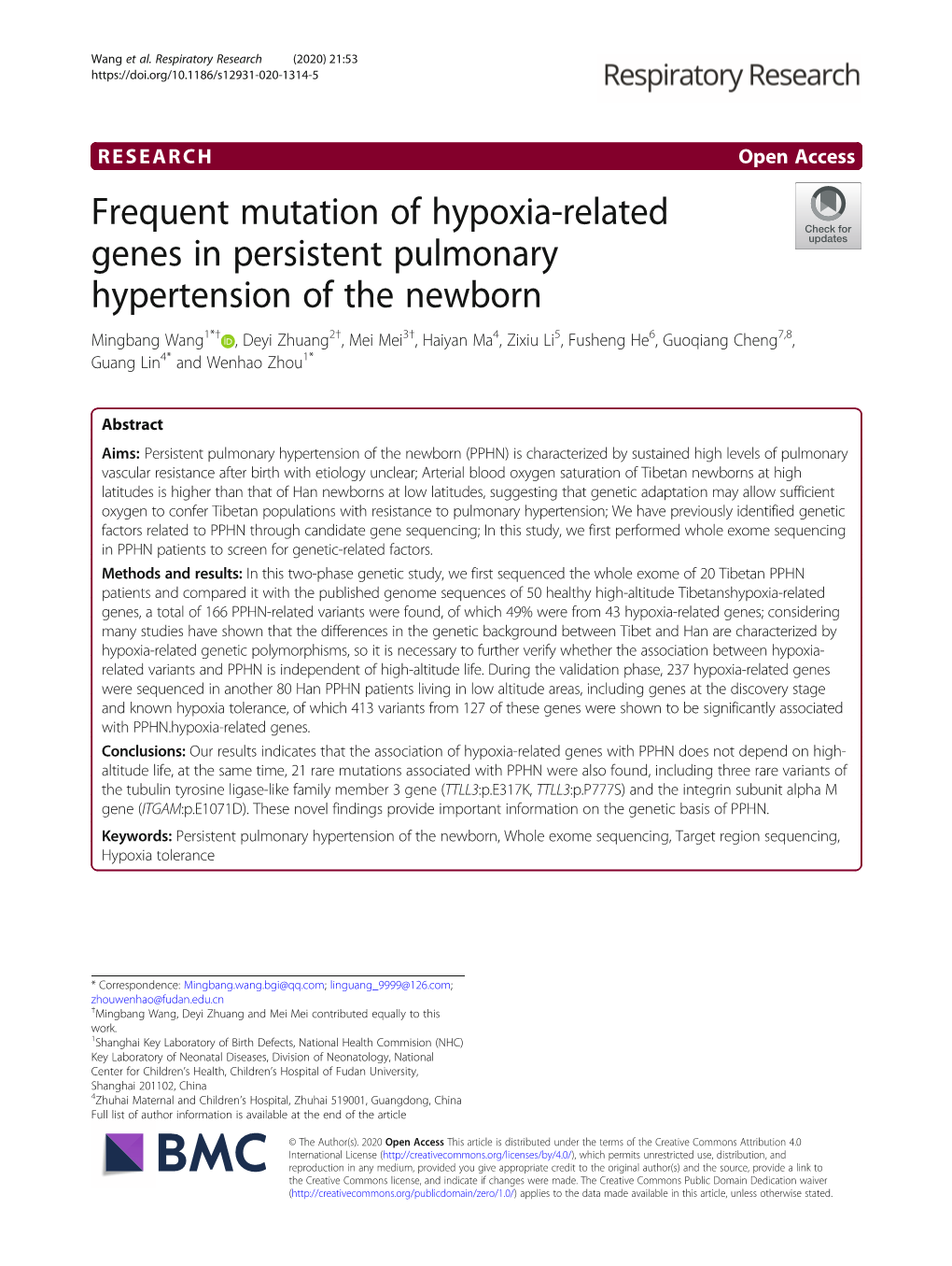 Frequent Mutation of Hypoxia-Related Genes in Persistent Pulmonary