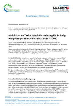 Mitfahrsystem Taxito Seetal: Finanzierung Für 3-Jährige Pilotphase Gesichert – Betriebsstart März 2020