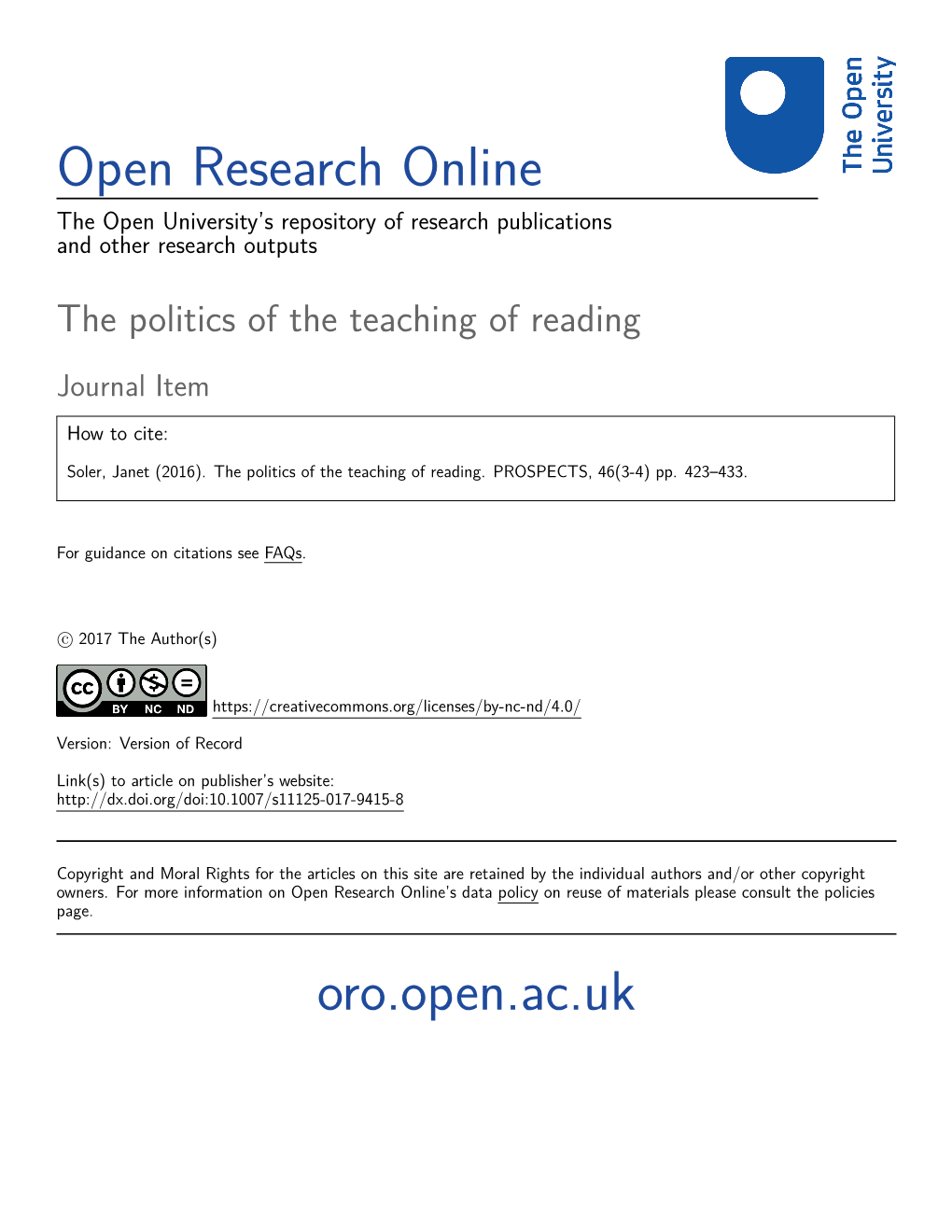 The Politics of the Teaching of Reading