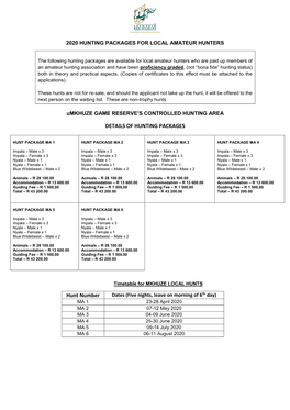 DETAILS of HUNTING PACKAGES Hunt Number