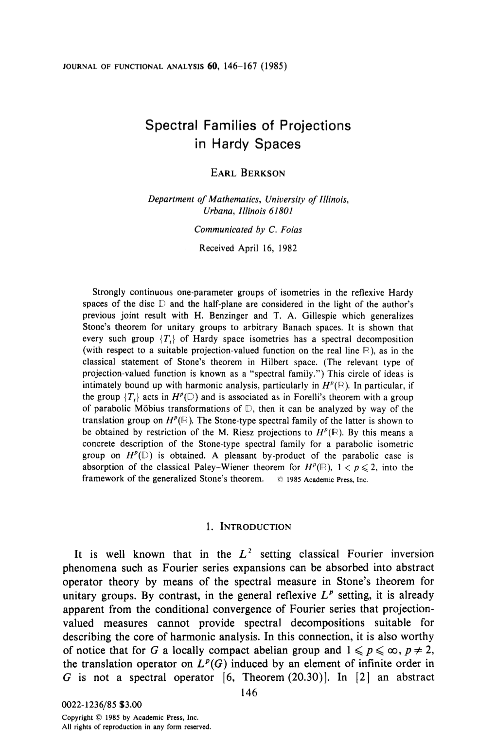 Spectral Families of Projections in Hardy Spaces