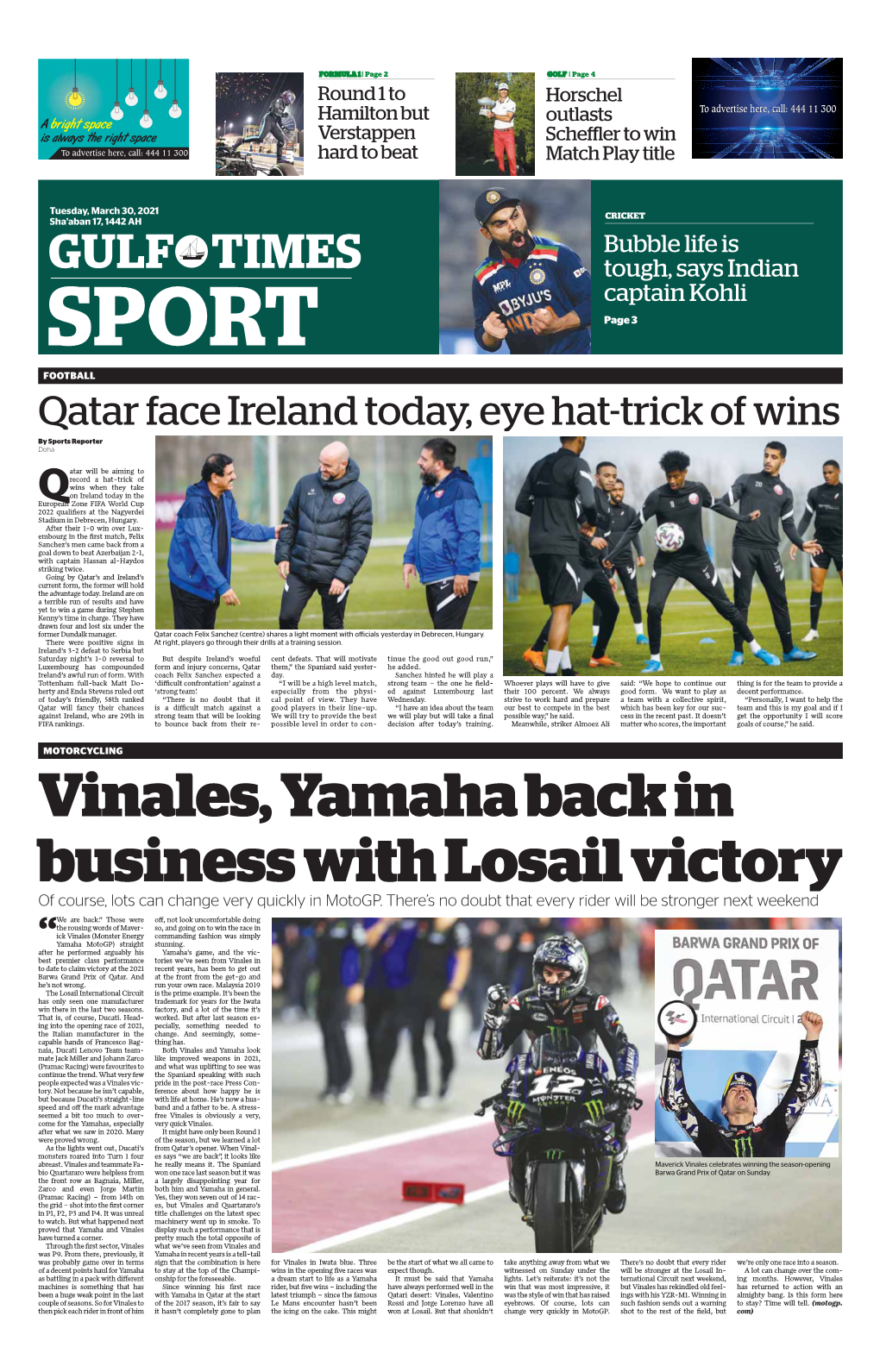 Kohli SPORT Page 3 FOOTBALL Qatar Face Ireland Today, Eye Hat-Trick of Wins by Sports Reporter Doha