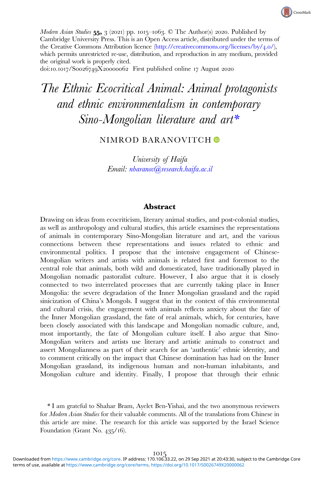 The Ethnic Ecocritical Animal: Animal Protagonists and Ethnic Environmentalism in Contemporary Sino-Mongolian Literature and Art*