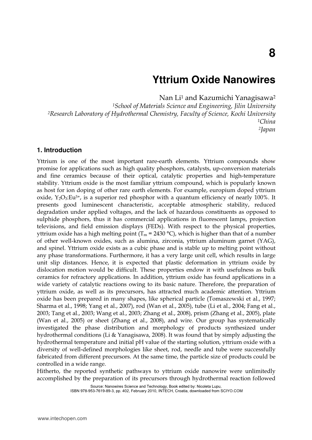 Yttrium Oxide Nanowires