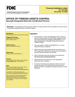 OFFICE of FOREIGN ASSETS CONTROL Specially Designated Nationals and Blocked Persons