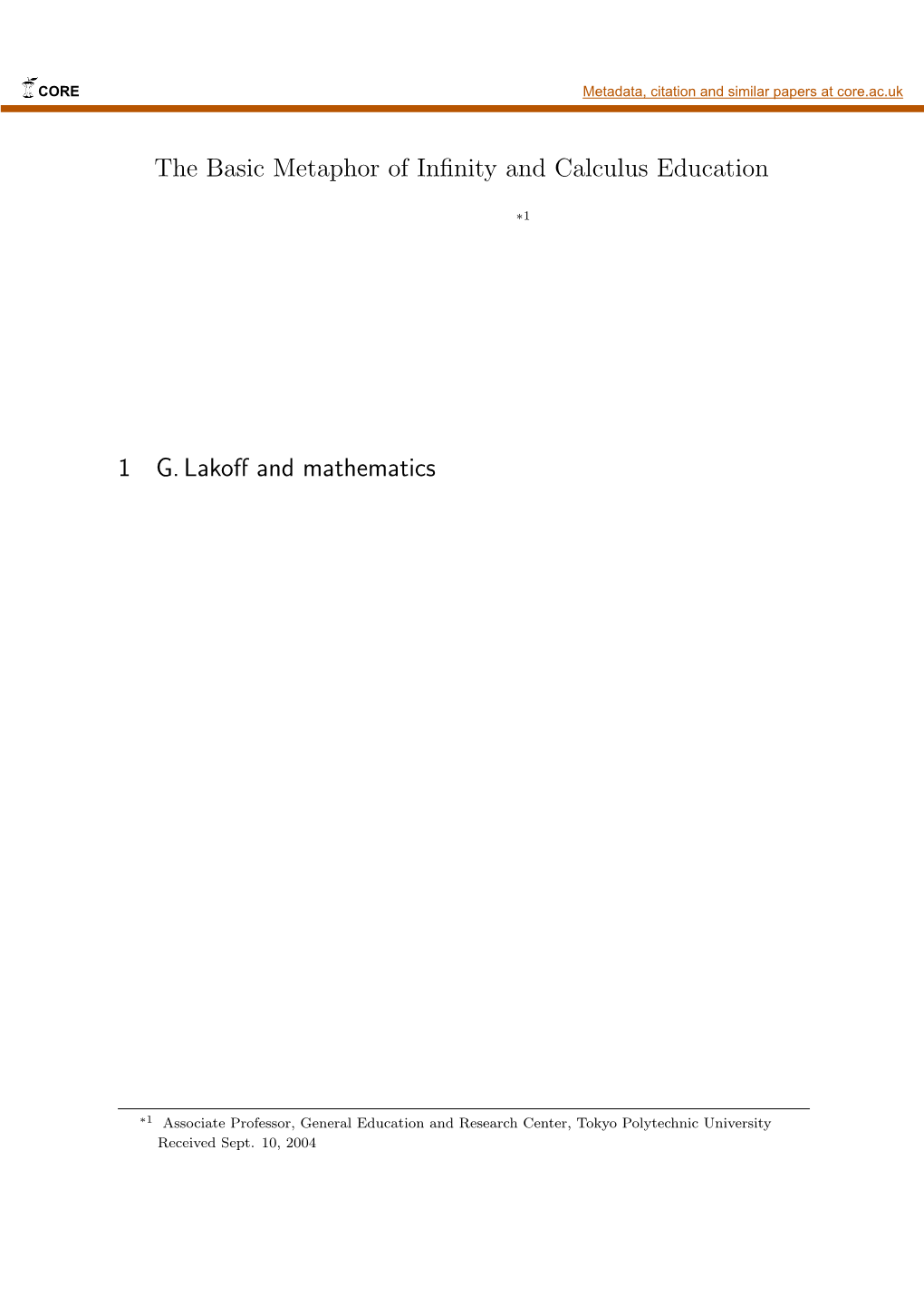 The Basic Metaphor of Infinity and Calculus Education 1 G. Lakoff And