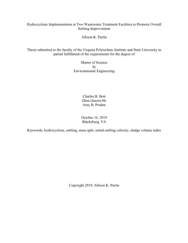 Hydrocyclone Implementation at Two Wastewater Treatment Facilities to Promote Overall Settling Improvement