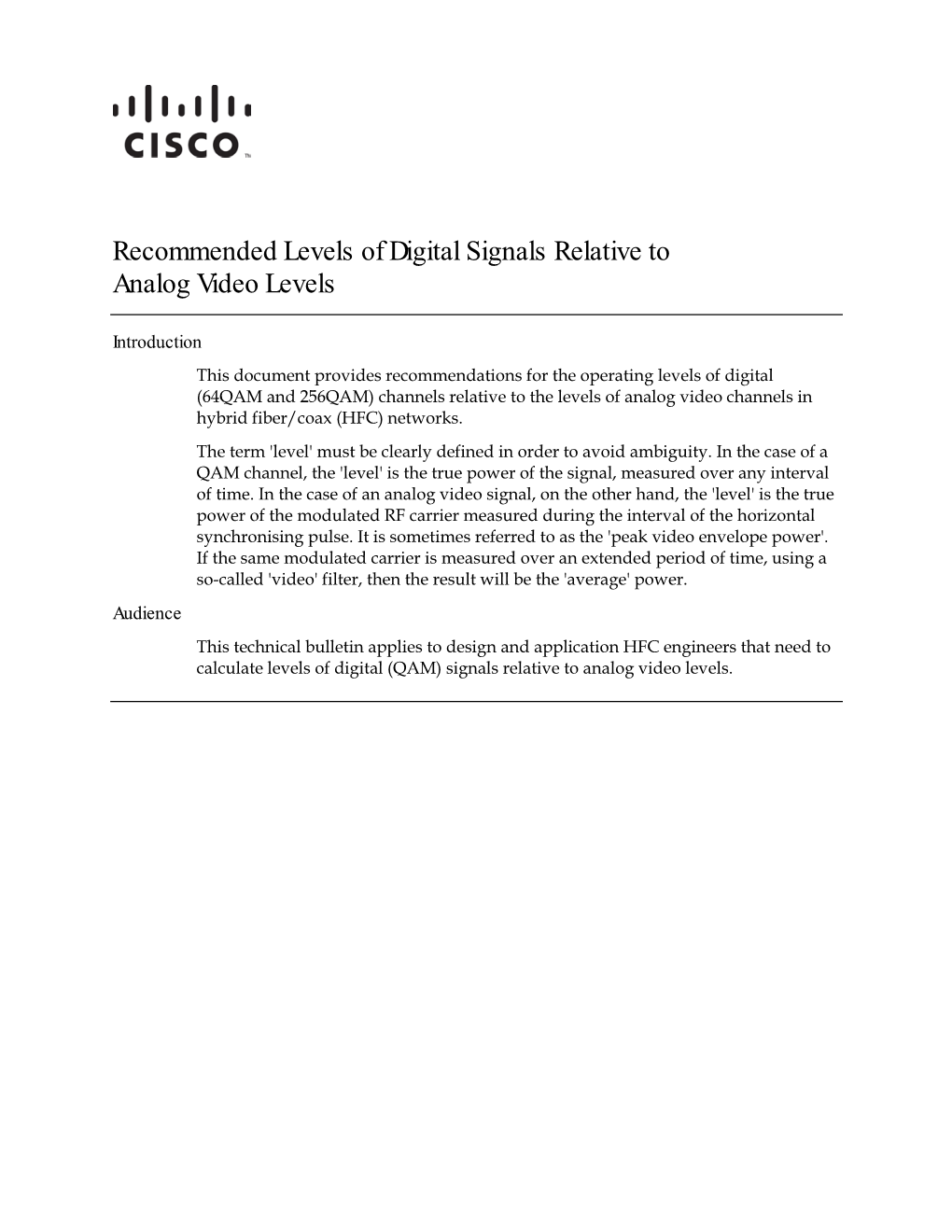 Recommended Levels of Digital Signals Relative to Analog Video Levels Technical Bulletin