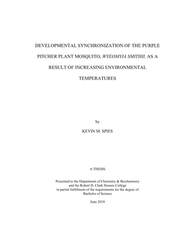 Developmental Synchronization of the Purple Pitcher Plant Mosquito, Wyeomyia Smithii, As a Result of Increasing Environmental Temperatures