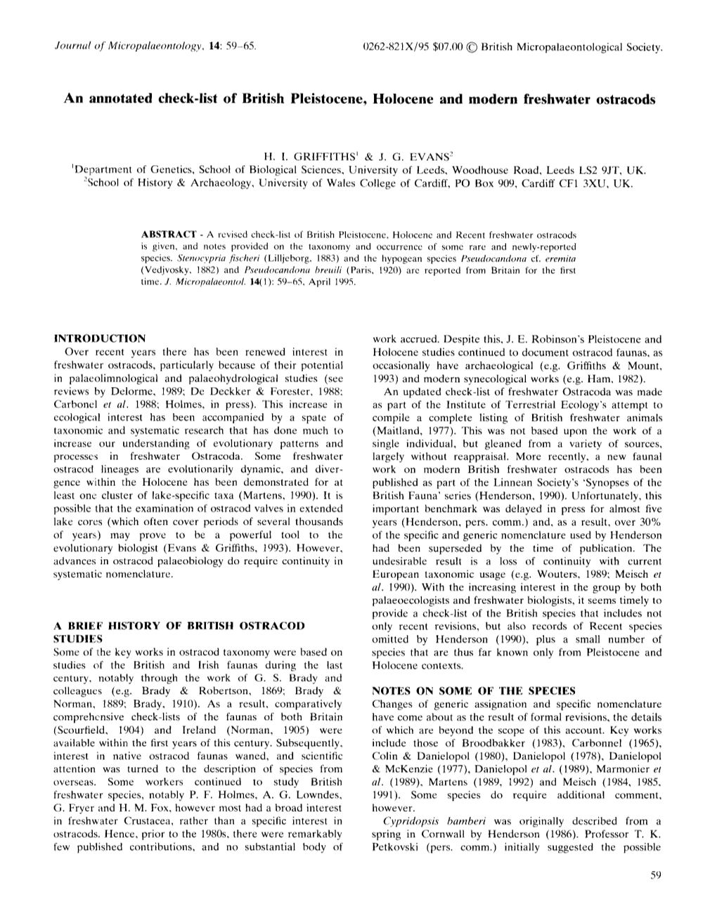 An Annotated Check-List of British Pleistocene, Holocene and Modern Freshwater Ostracods