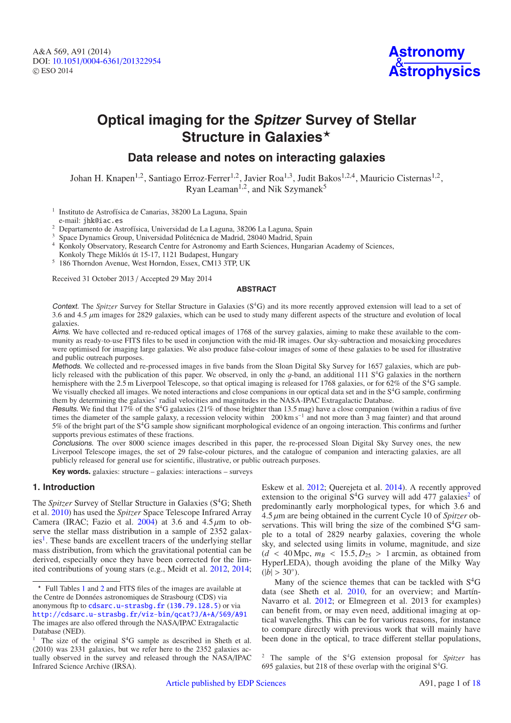 Optical Imaging for the Spitzer Survey of Stellar Structure in Galaxies⋆