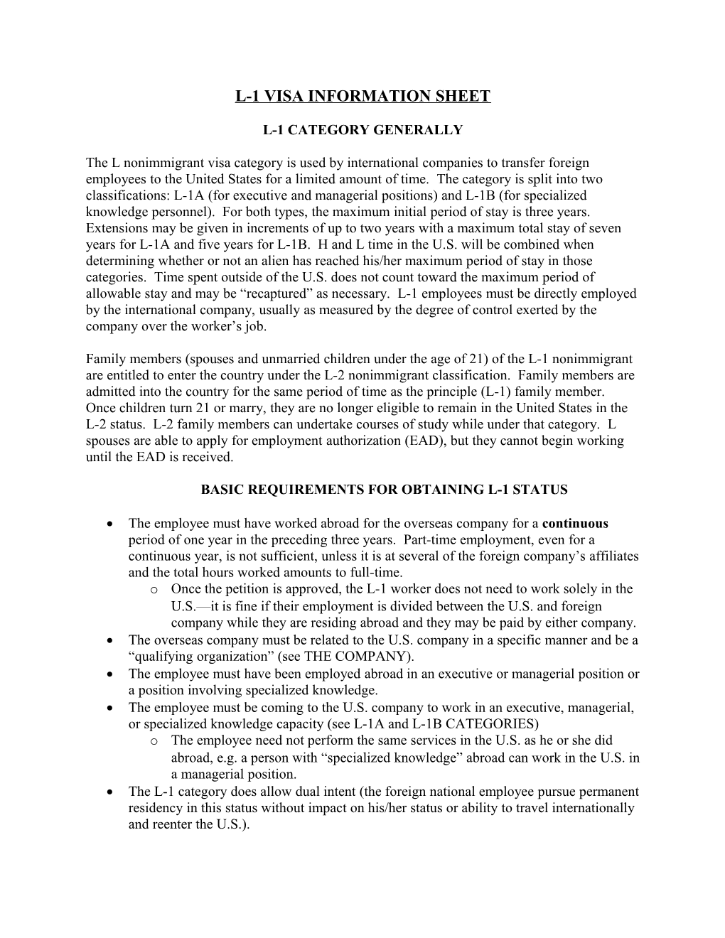 L-1 Visa Information Sheet