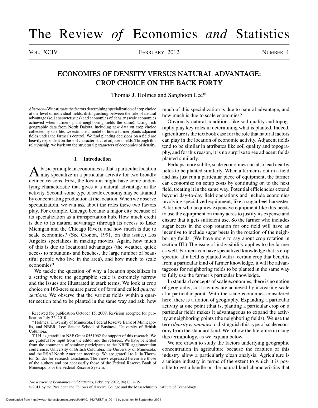 ECONOMIES of DENSITY VERSUS NATURAL ADVANTAGE: CROP CHOICE on the BACK FORTY Thomas J