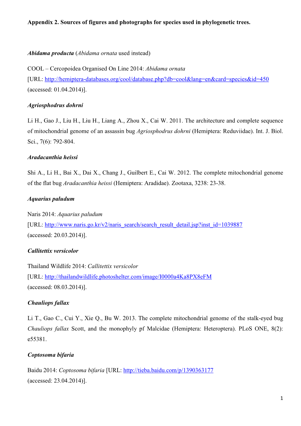 Appendix 2. Sources of Figures and Photographs for Species Used in Phylogenetic Trees