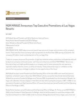MGM MIRAGE Announces Top Executive Promotions at Las Vegas Resorts