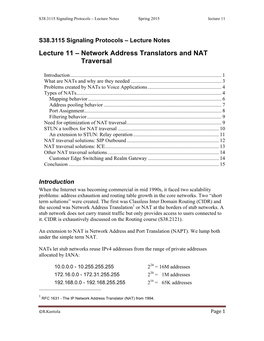 Lecture 11 – Network Address Translators and NAT Traversal * Introduction