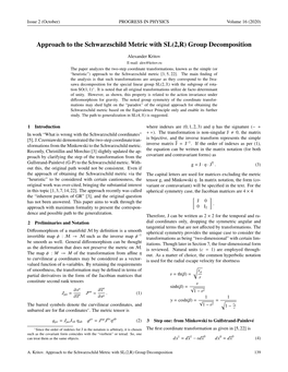 Approach to the Schwarzschild Metric with SL(2,R) Group Decomposition