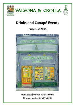 Drinks and Canapé Events Price List 2015