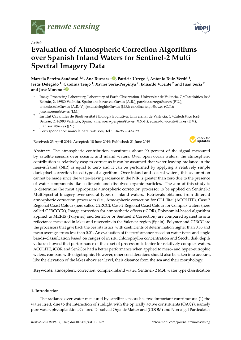 Evaluation of Atmospheric Correction Algorithms Over Spanish Inland Waters for Sentinel-2 Multi Spectral Imagery Data