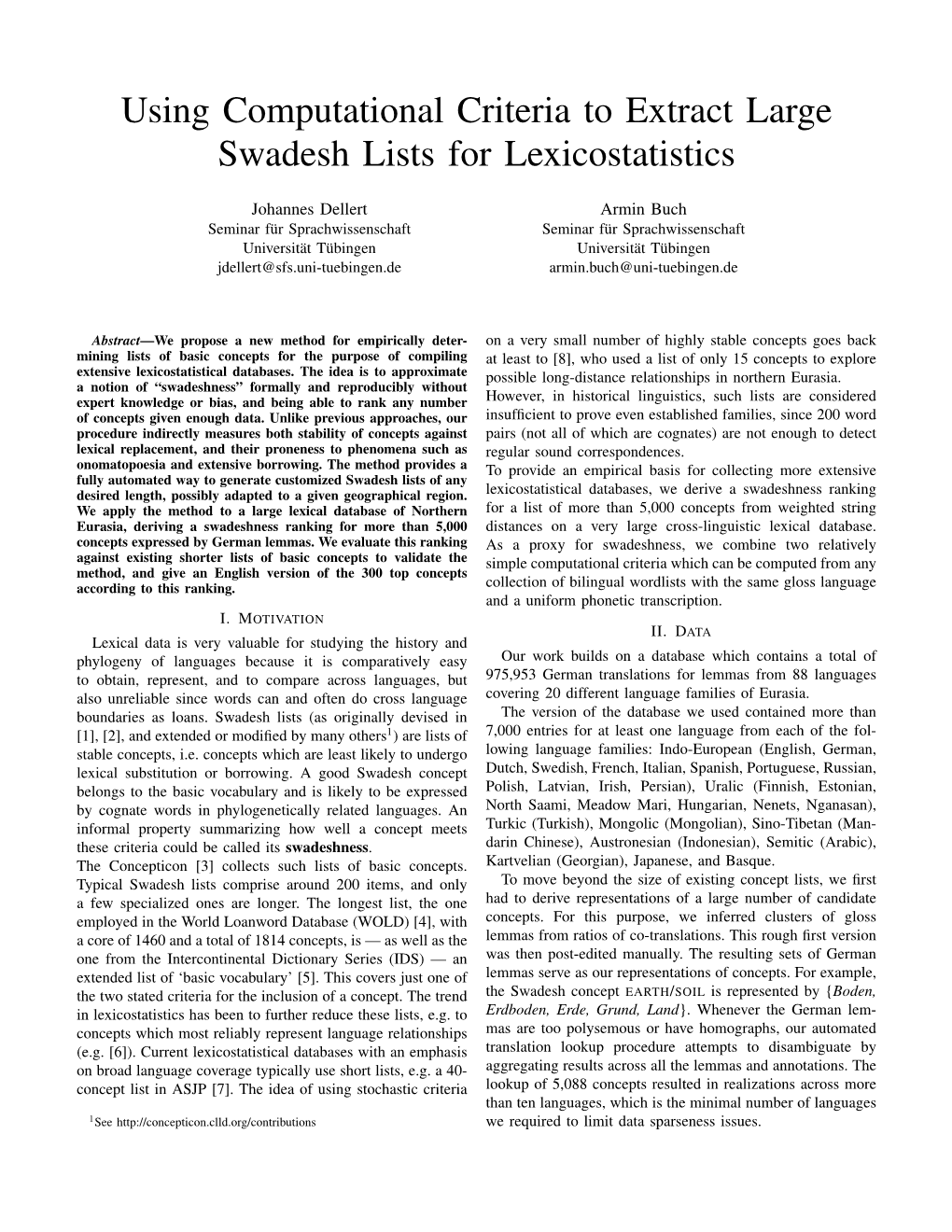 Using Computational Criteria to Extract Large Swadesh Lists for Lexicostatistics