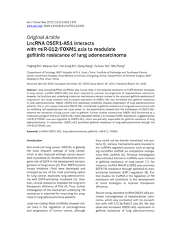 Original Article Lncrna OSER1-AS1 Interacts with Mir-612/FOXM1 Axis to Modulate Gefitinib Resistance of Lung Adenocarcinoma