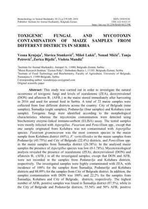 Toxigenic Fungal and Mycotoxin Contamination of Maize Samples from Different Districts in Serbia
